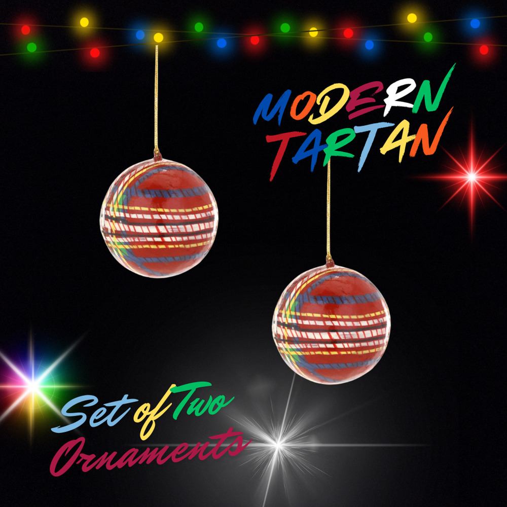 Tartan Modern Plaid Ball Christmas Bauble Ornament Multicolored Resin Set of Two